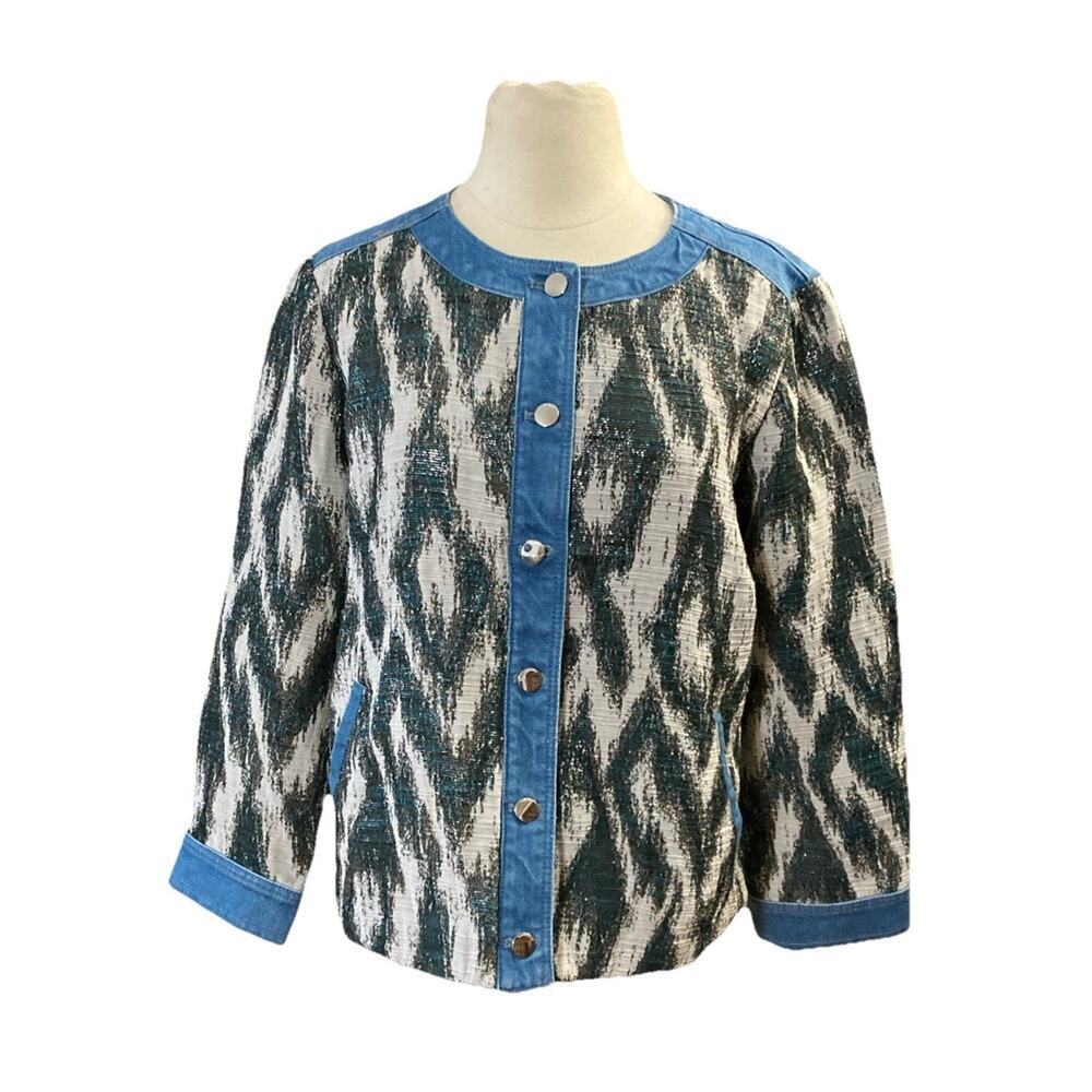 Chico’s Slub Lurex Chevron Denim Jacket Sz 8 NWT Blue Shiny $99‎